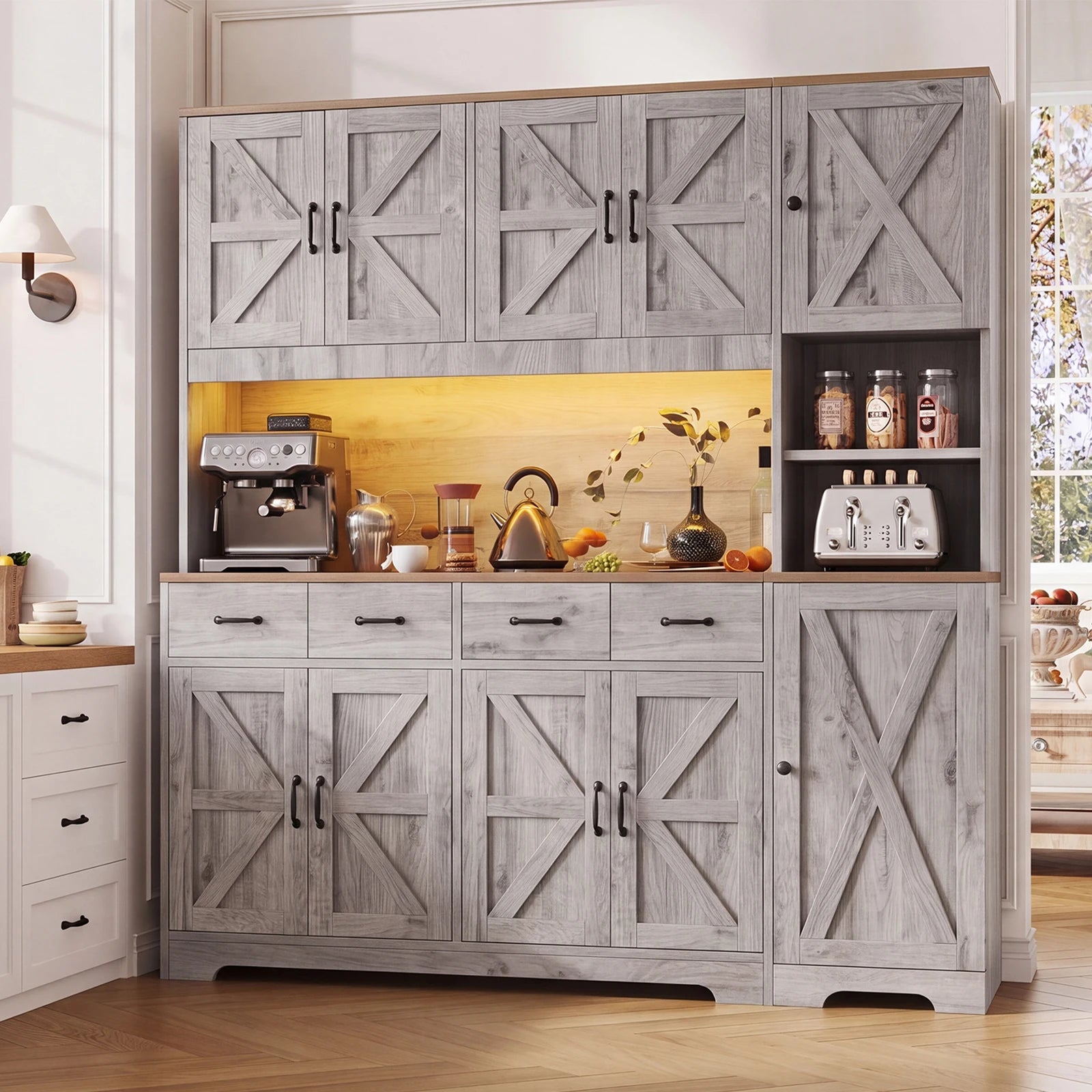 Yanosaku Grey Farmhouse Kitchen Pantry — Slim Storage Cabinet with Charging Station