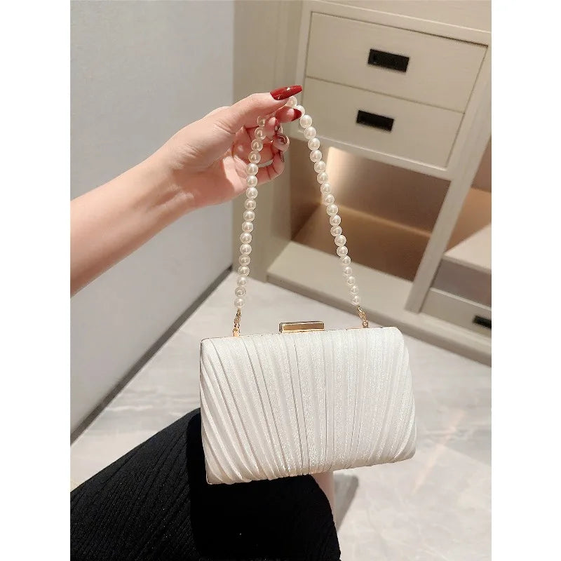 YIYUEQIANLI Silk Evening Bag — Elegant Pearl Chain Clutch for Weddings
