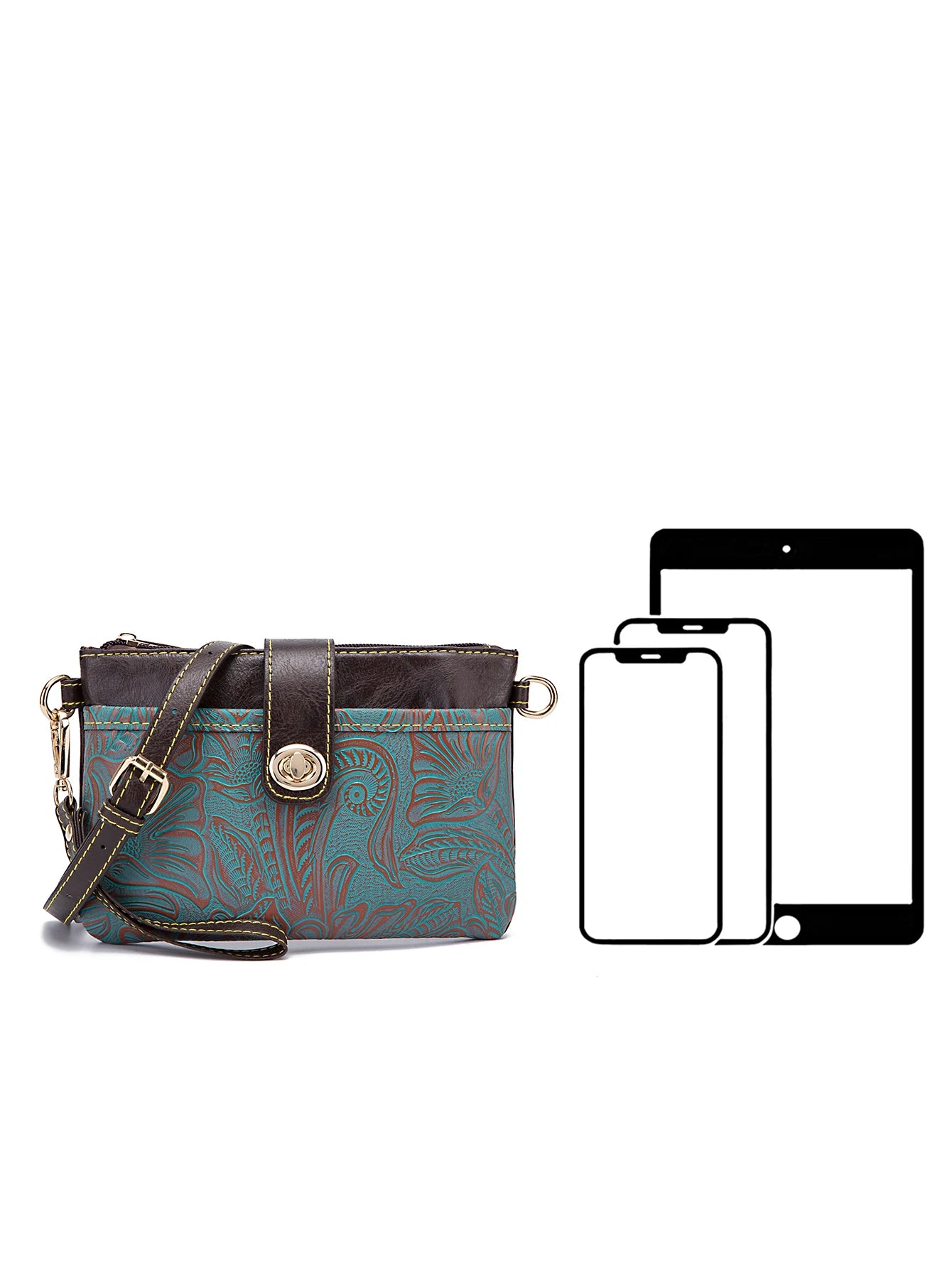Floral Embossed Crossbody Bag — Multi-Compartment Shoulder Purse with Wristlet