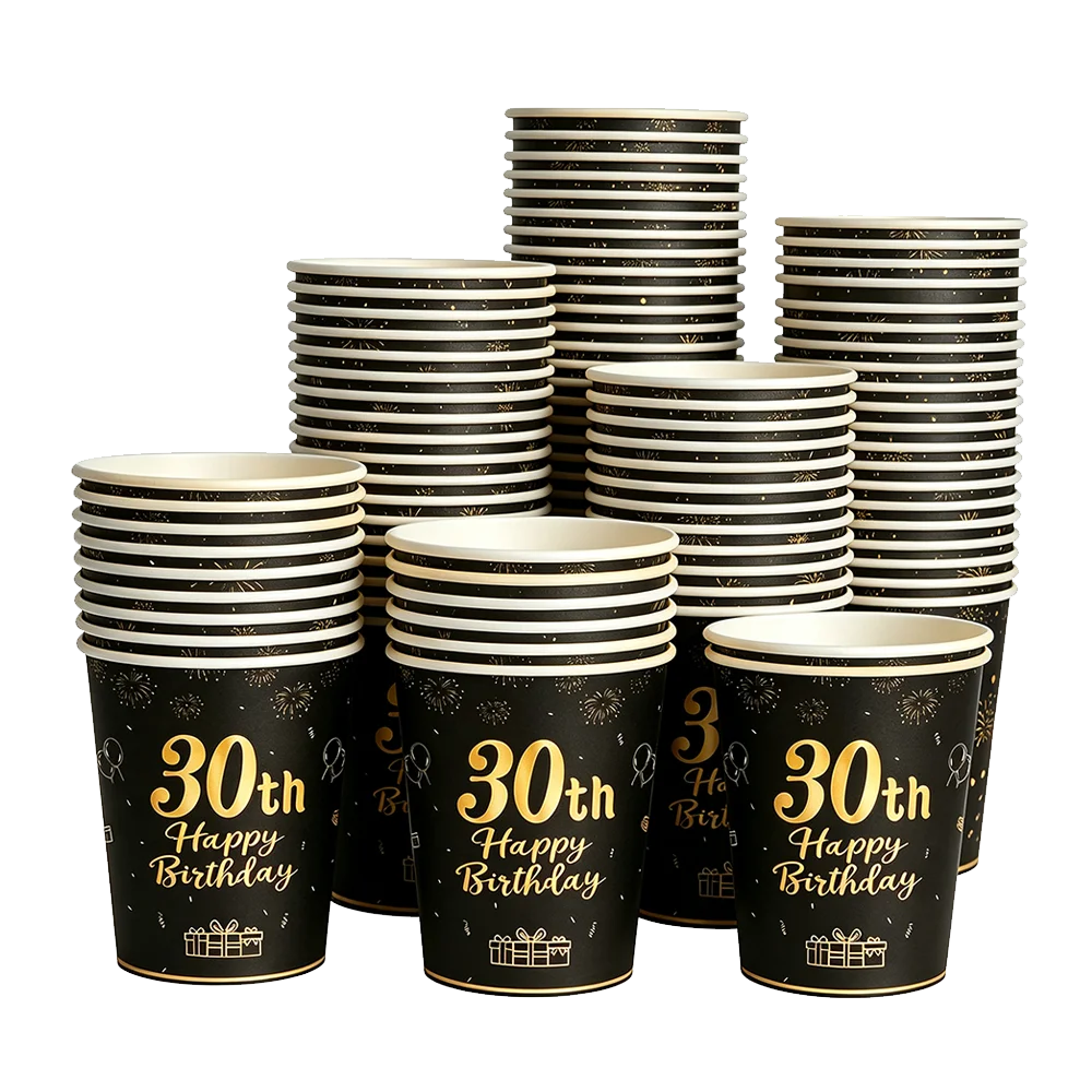 PartiesTour Black and Gold Disposable Paper Cups — Elegant Birthday Party Supplies