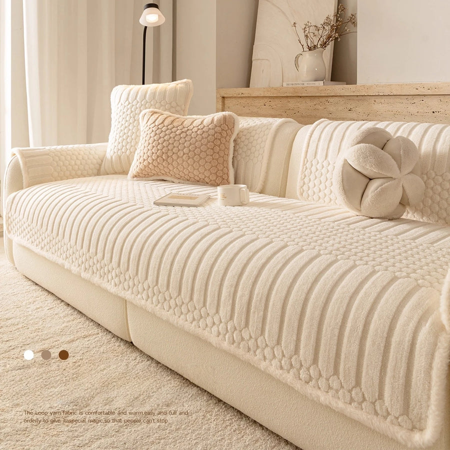 Fluffy Fleece Sofa Cover — Non-Slip Warm Throw for Living Room