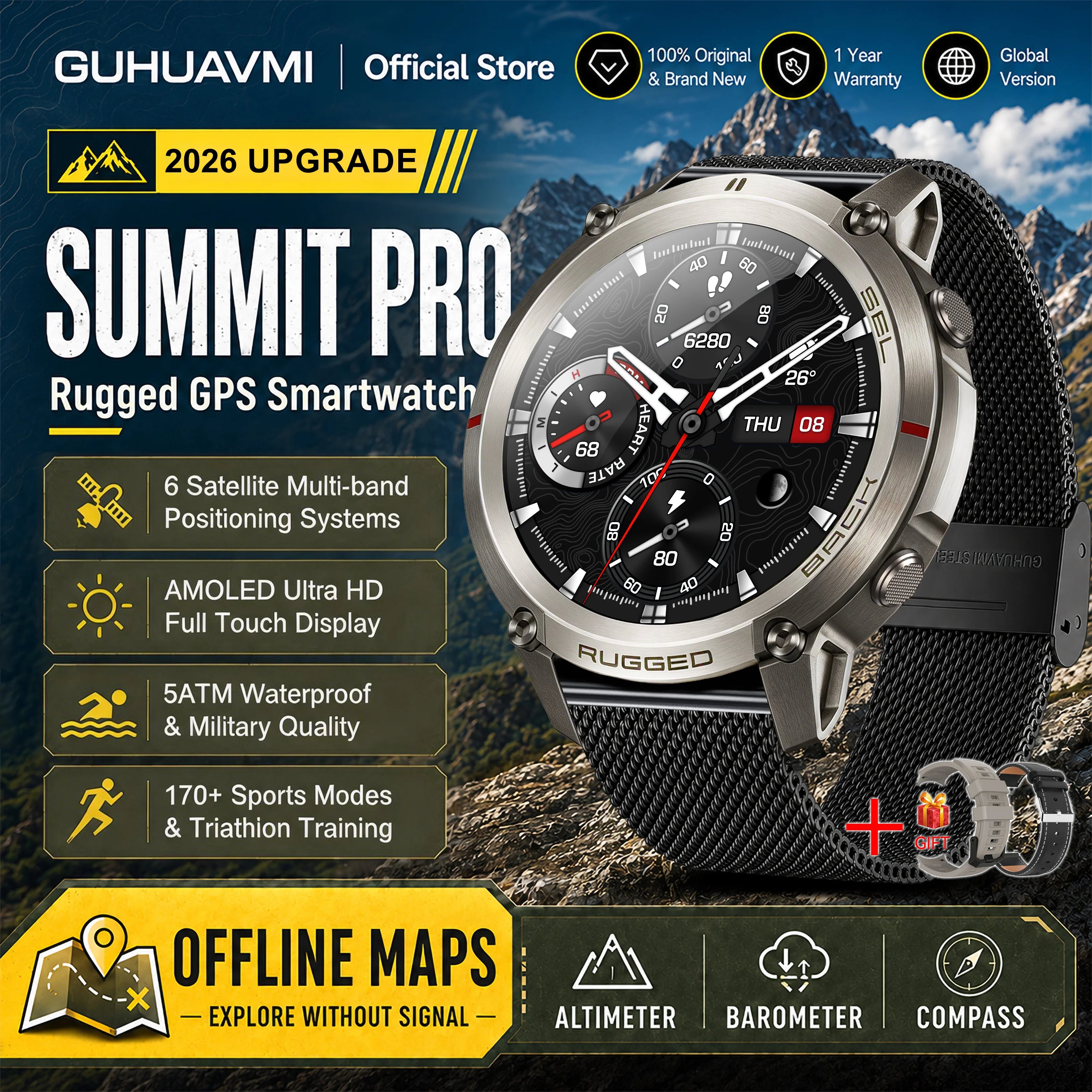 GUHUAVMI Military GPS Smartwatch — Offline Map & 5ATM Waterproof Sports Watch
