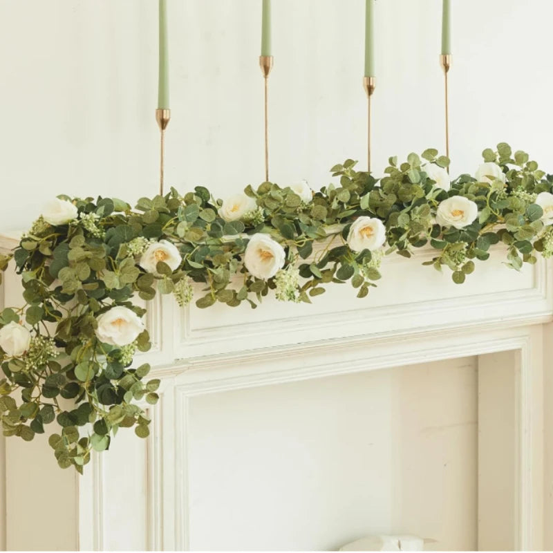 Artificial Eucalyptus Garland with White Flowers — Decorative Vine for Weddings & Home Decor