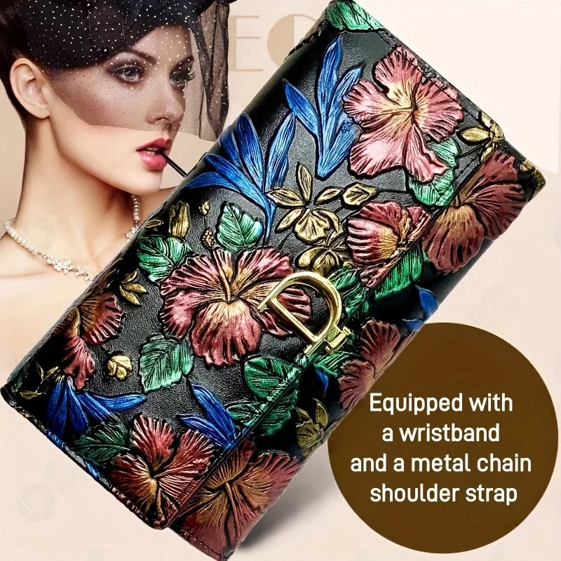 Floral Embossed Leather Clutch — Convertible Crossbody Bag with Chain