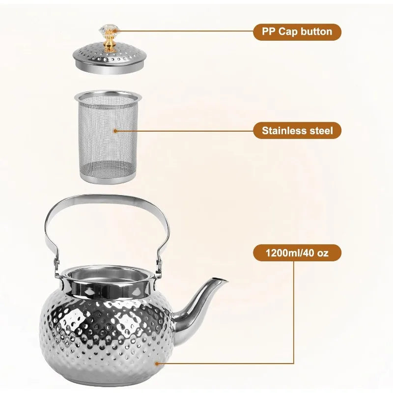Hammered Stainless Steel Tea Kettle — Vintage Style Pot with Strainer
