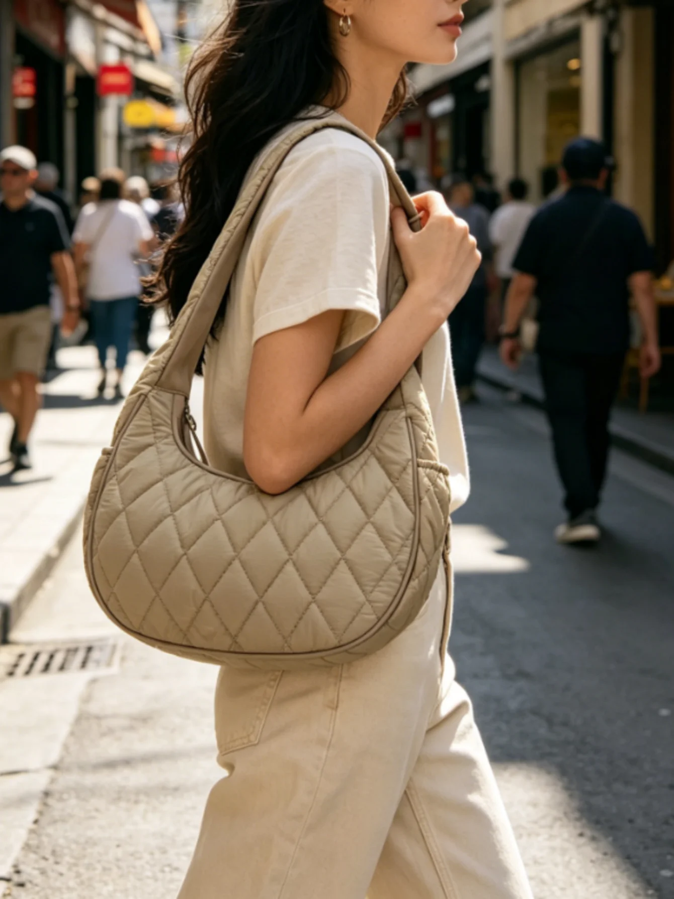 Quilted Puffer Crescent Shoulder Bag — Stylish Nylon Hobo Handbag