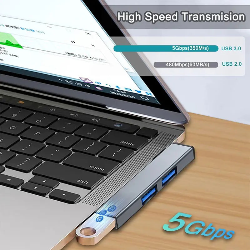3-Port Aluminum USB Hub — High-Speed Data Splitter for Laptop and PC