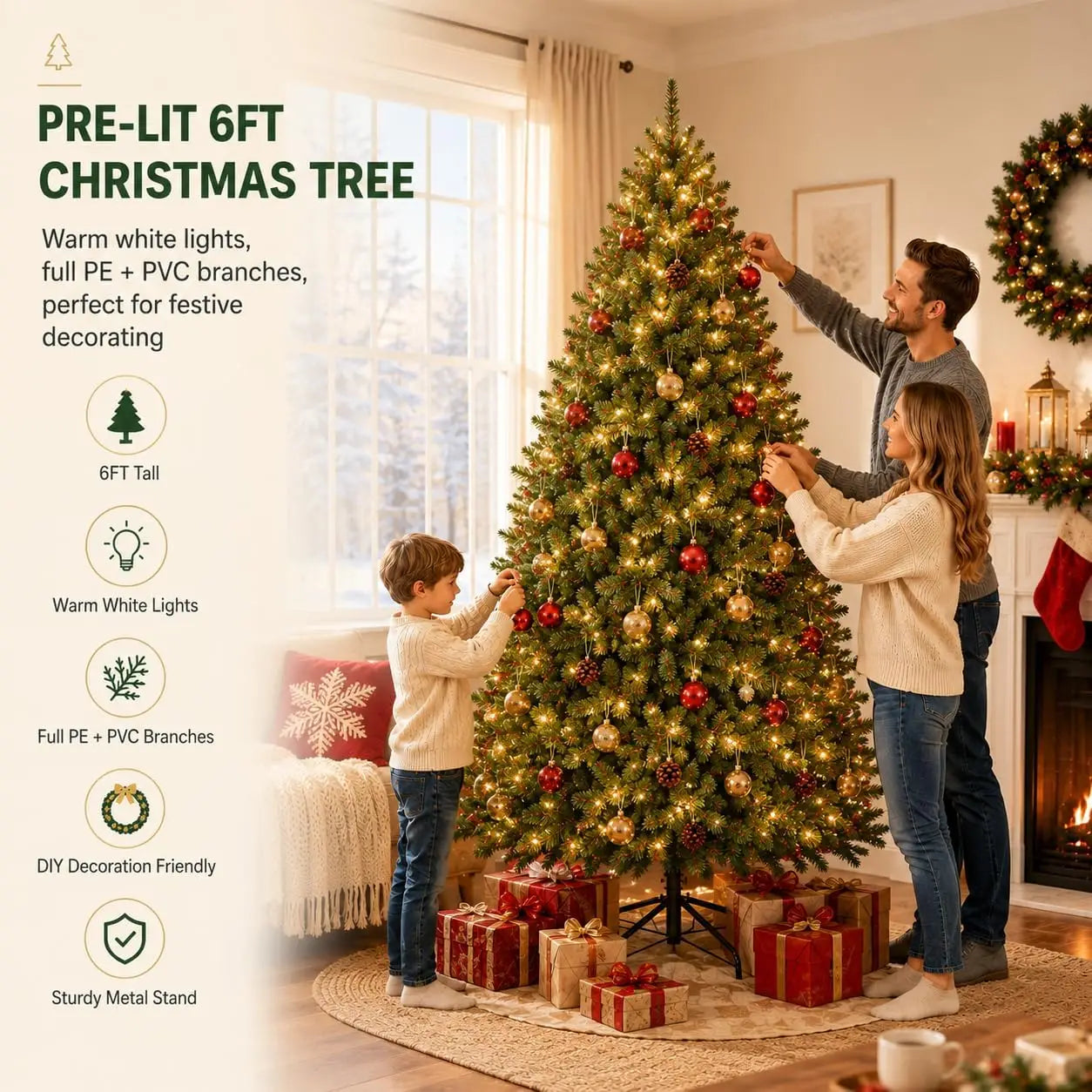 Artificial Pine Christmas Tree — Dense Greenery with Dual-Color LED Lights
