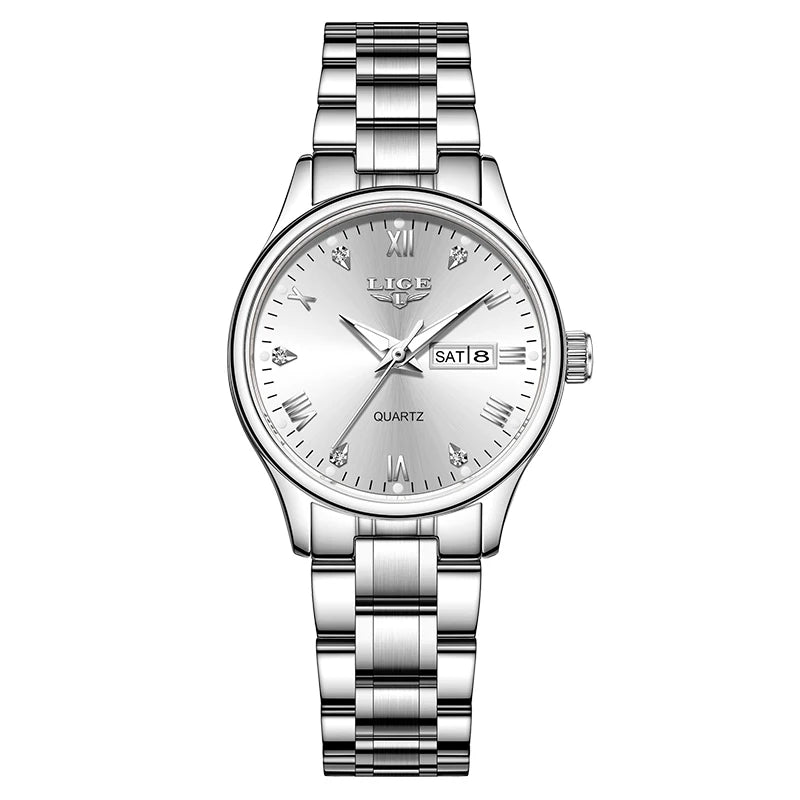Elegant Women's Quartz Watch — Diamond Dial Stainless Steel Wristwatch