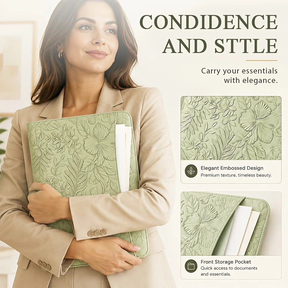 Embossed Faux Leather Padfolio — A4 Zipper Binder with Multi-Pocket Organization