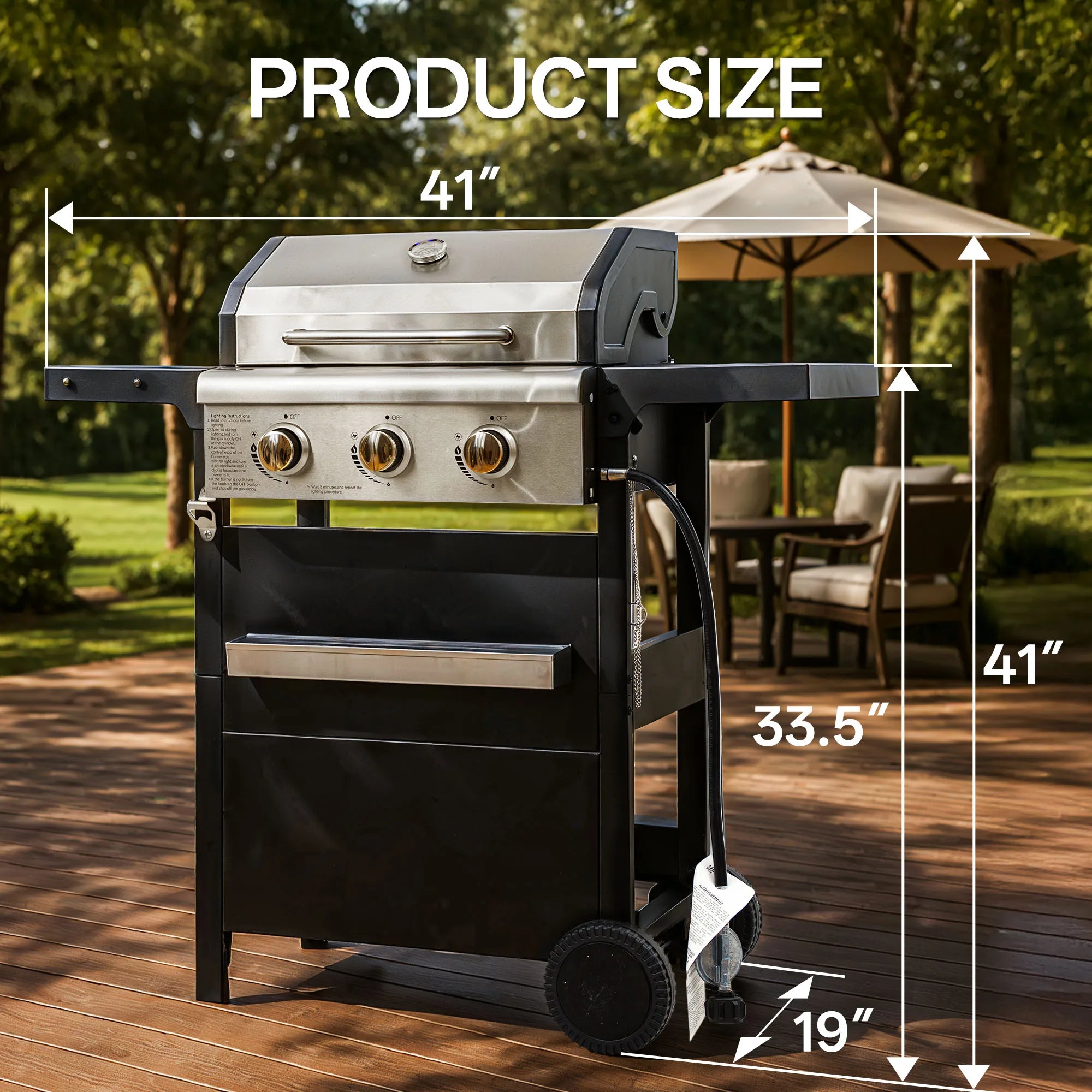 Stainless Steel 3-Burner Propane Grill — Compact Outdoor Gas Barbecue
