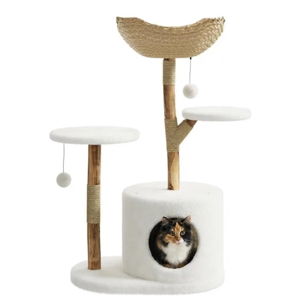 Wooden Cat Tree Tower with Rattan — Multi-Level Climbing Activity Center