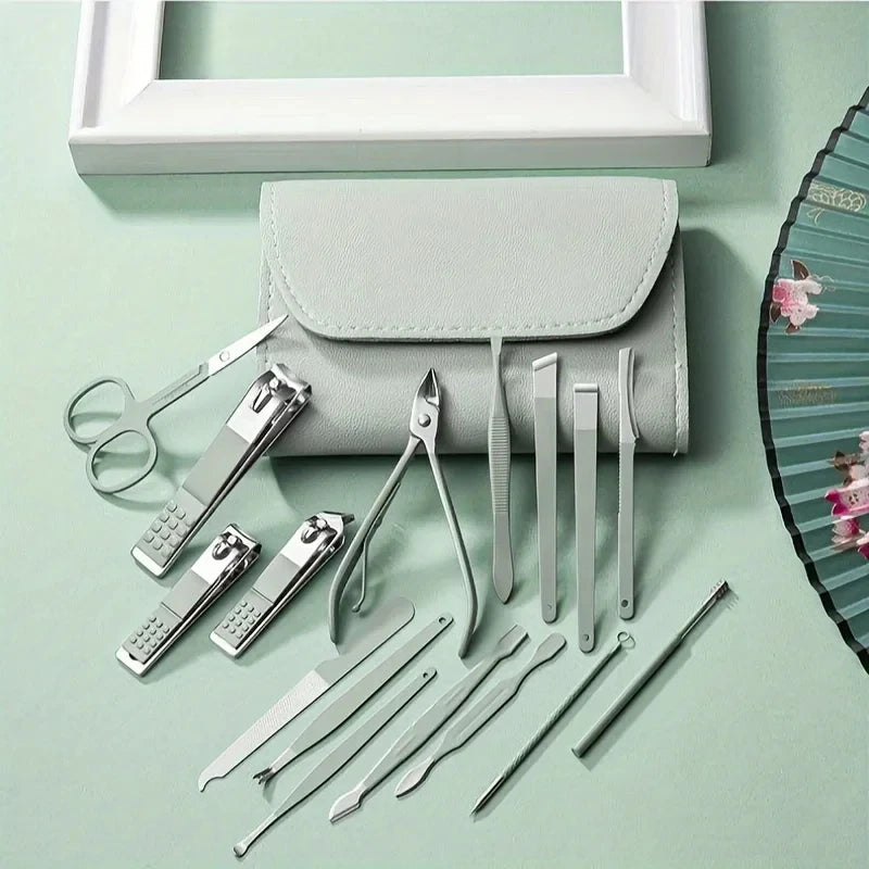 Professional 16-Piece Manicure Set — Stainless Steel Grooming Kit with Leather Case
