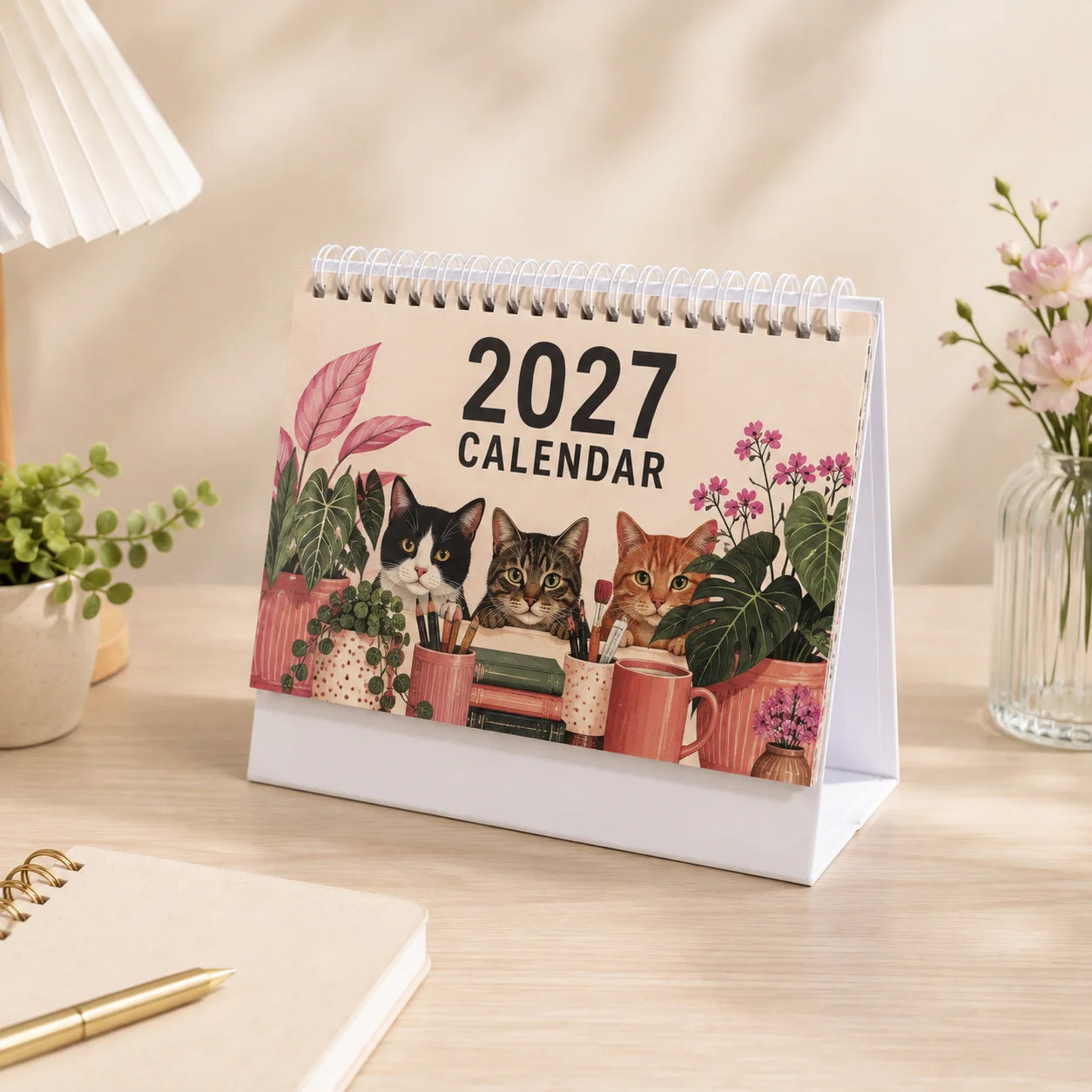 2027 Desk Planner Calendar — Spiral Bound Monthly Organizer, Floral Design