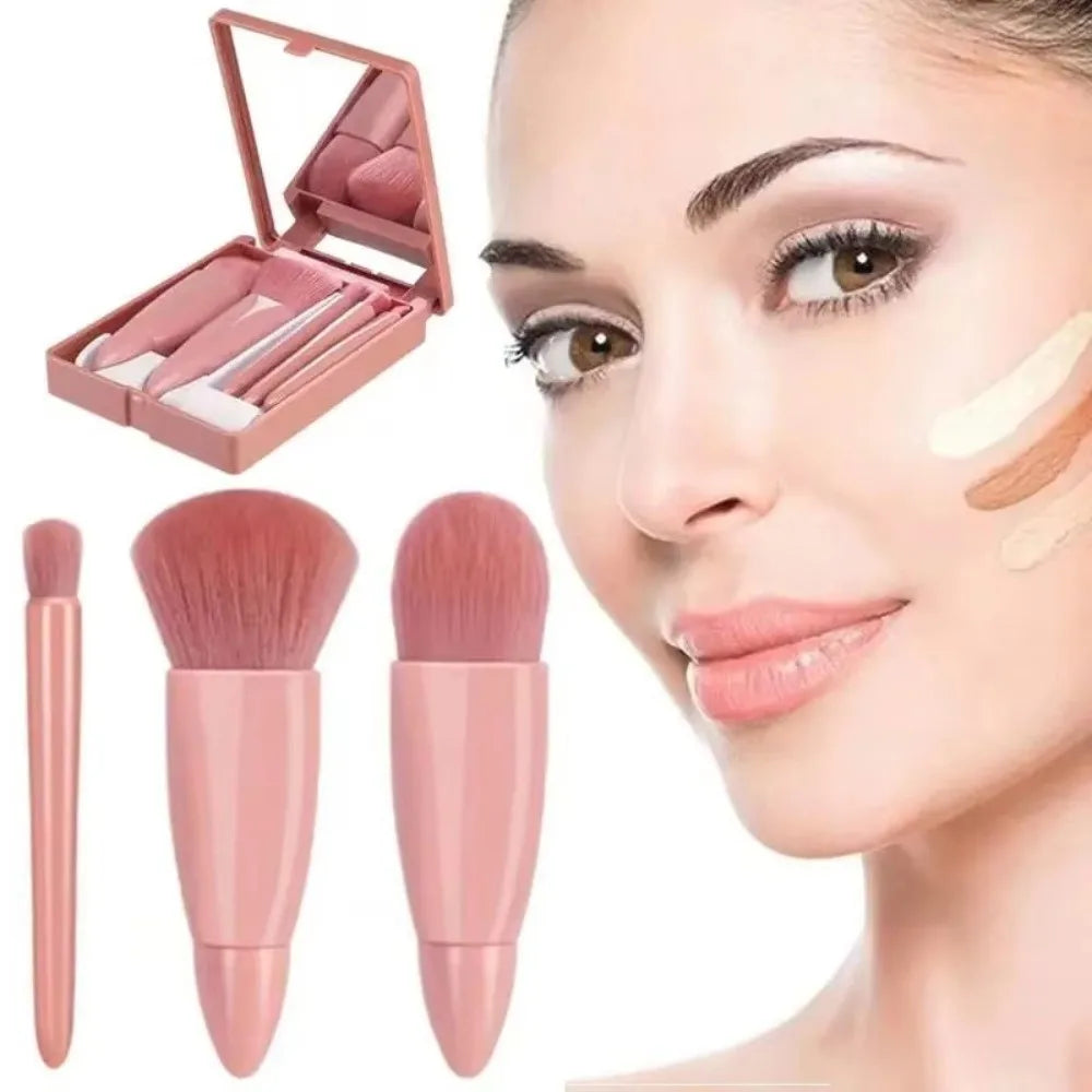 Portable 5-Piece Makeup Brush Set — Compact Travel Kit with Mirror Case