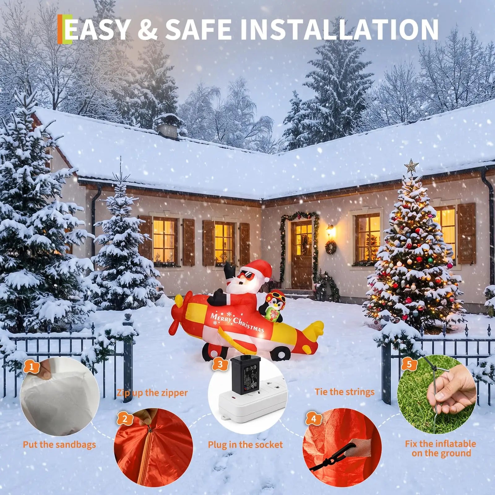 Santa and Penguin Inflatable Airplane — 8ft Outdoor Christmas Decor