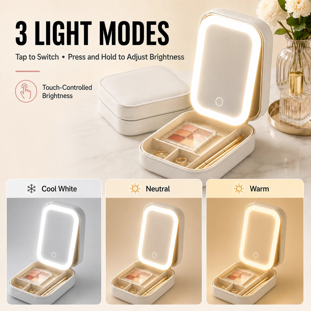 2-in-1 LED Makeup Mirror — Portable Jewelry Storage Box & Travel Light
