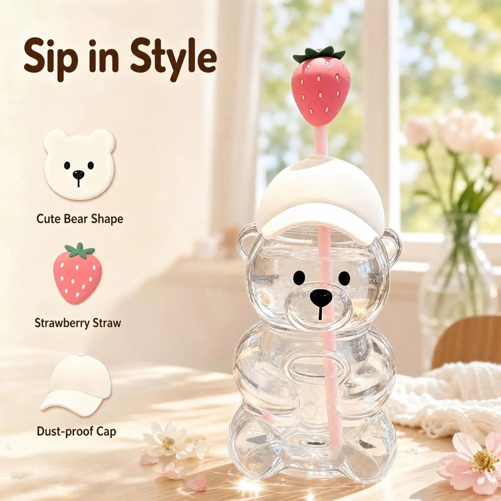 Cute Bear Shaped Glass Cup — 20oz Adorable Drinking Bottle with Straw