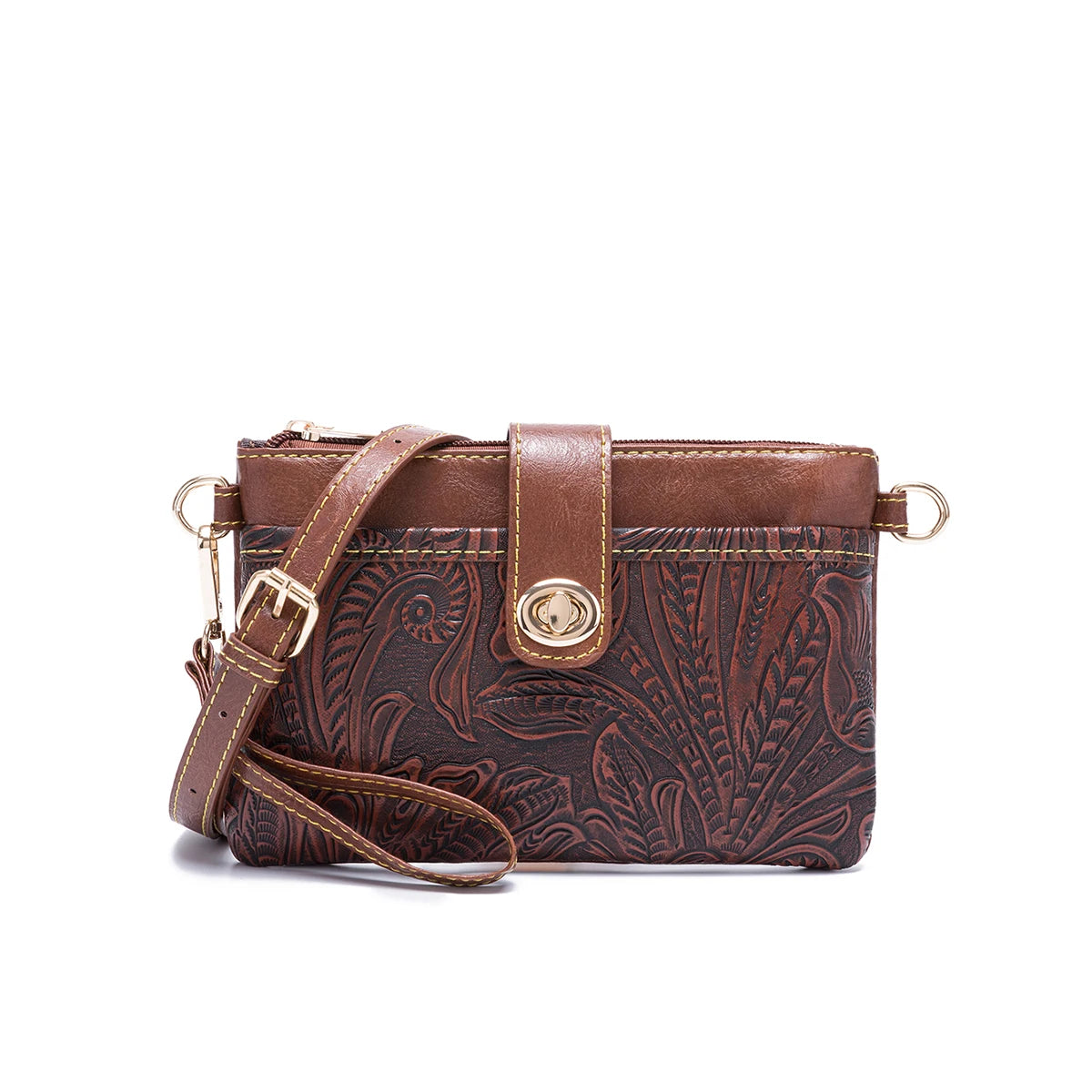 Floral Embossed Crossbody Bag — Multi-Compartment Shoulder Purse with Wristlet