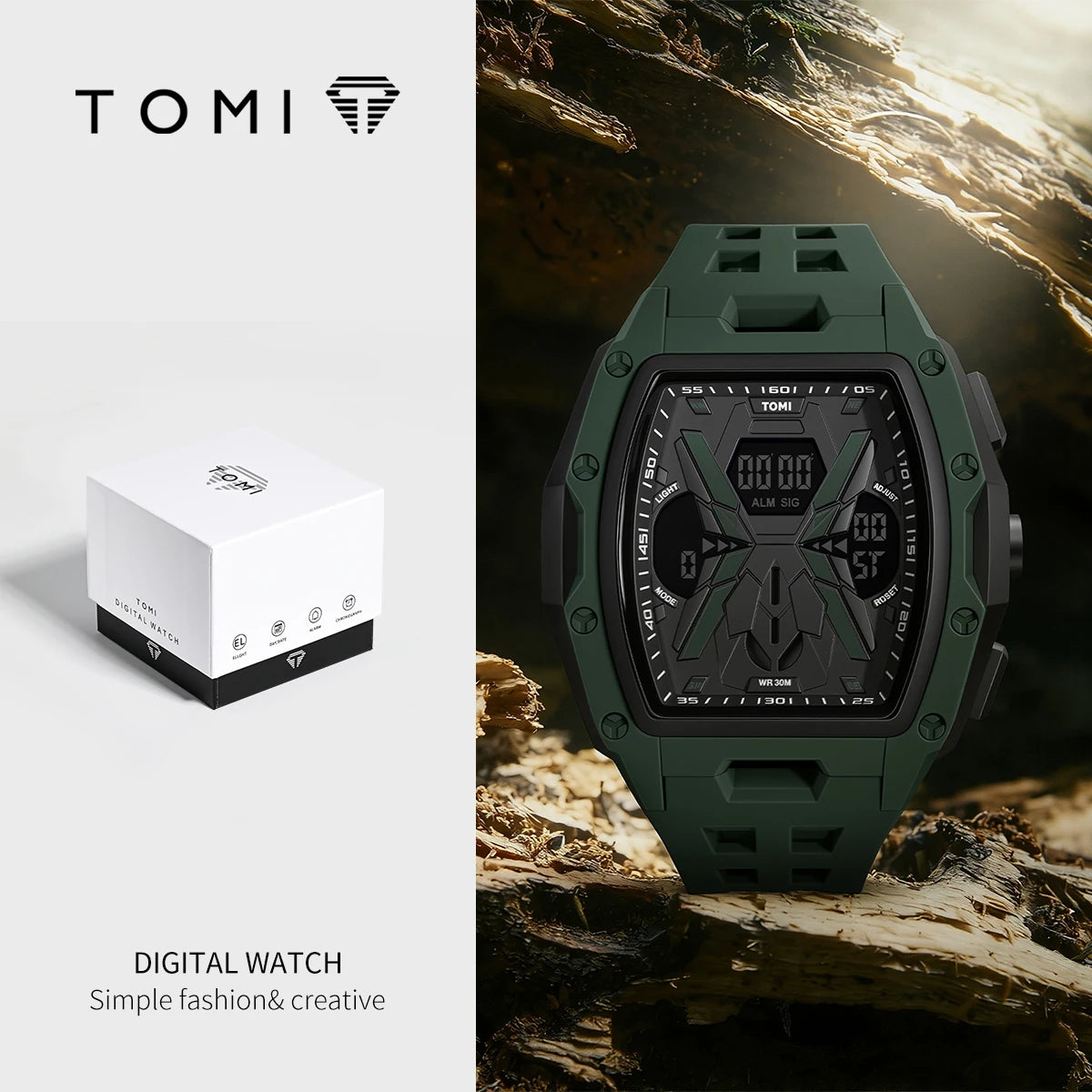 TOMI Men's Mecha Style Digital Watch — Breathable Silicone Sports Wristwatch