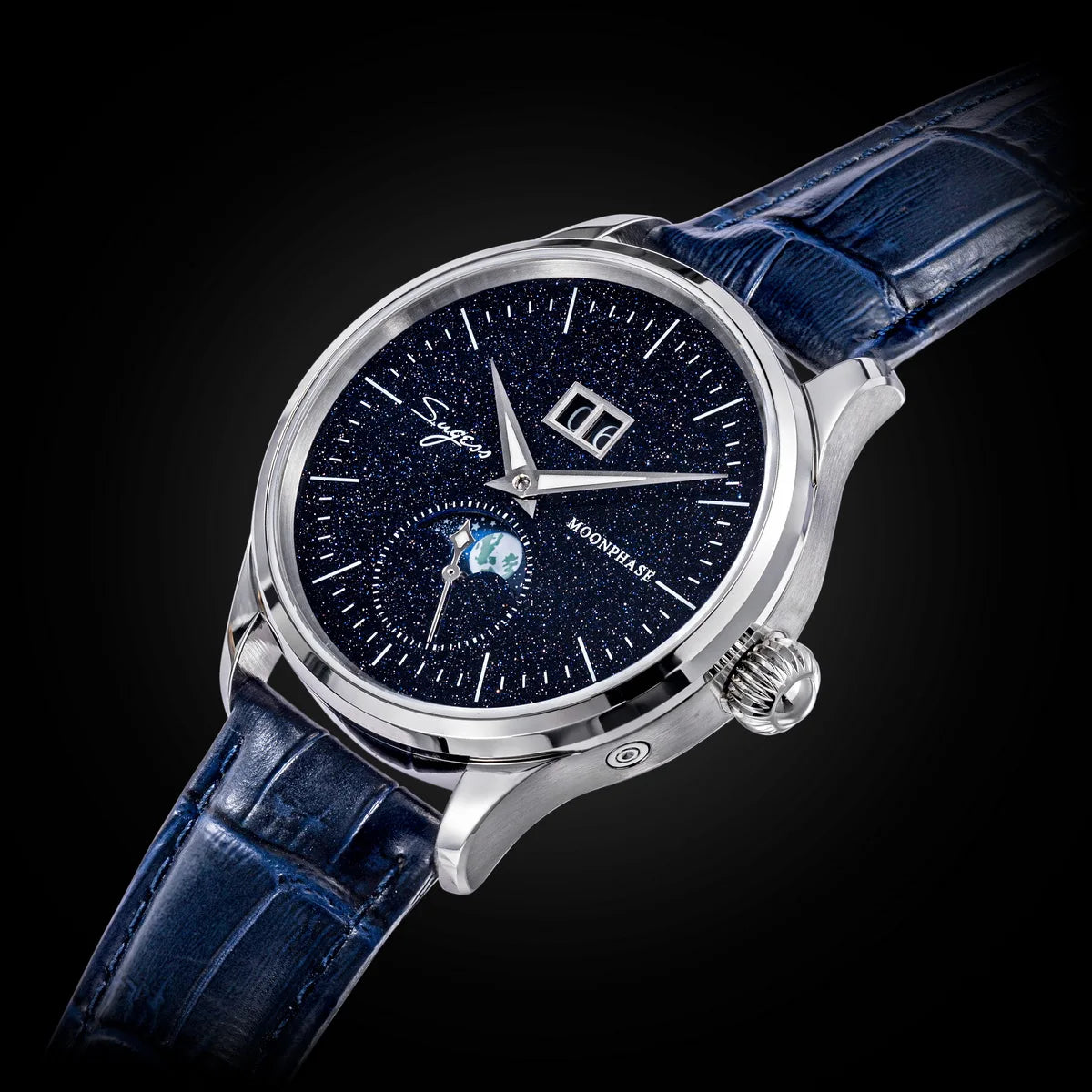 SUGESS Men's Moonphase Watch — Automatic Mechanical Blue Sandstone Dial