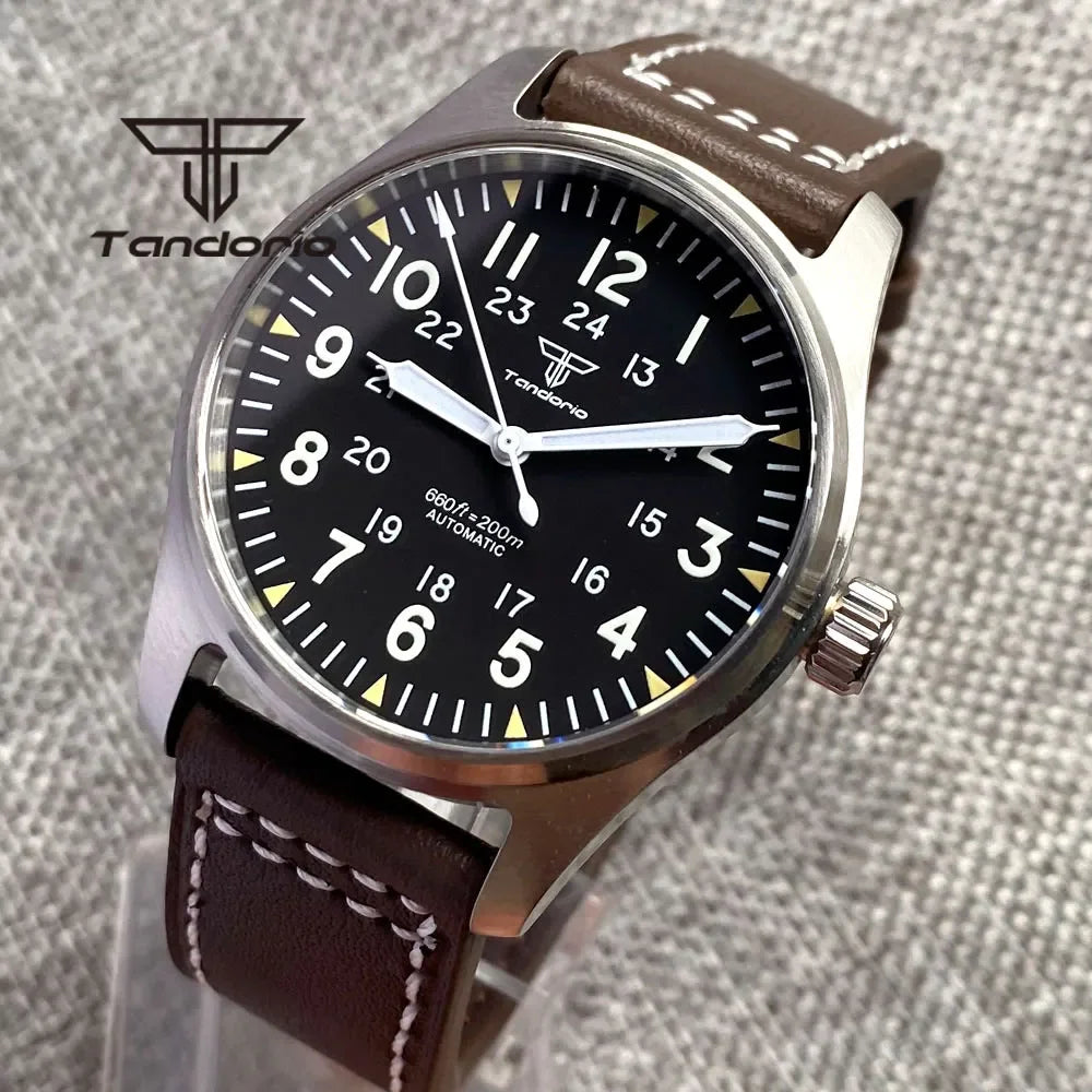 Tandorio Men's Automatic Dive Pilot Watch — 39mm Stainless Steel & Sapphire Crystal