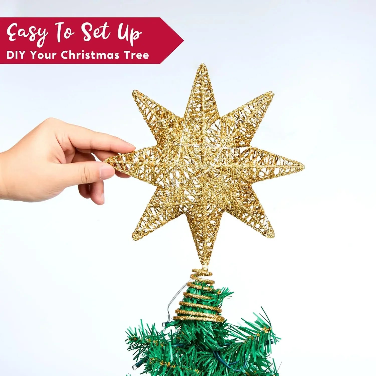 Golden 8-Point Star Christmas Tree Topper — LED Glitter Treetop Decor