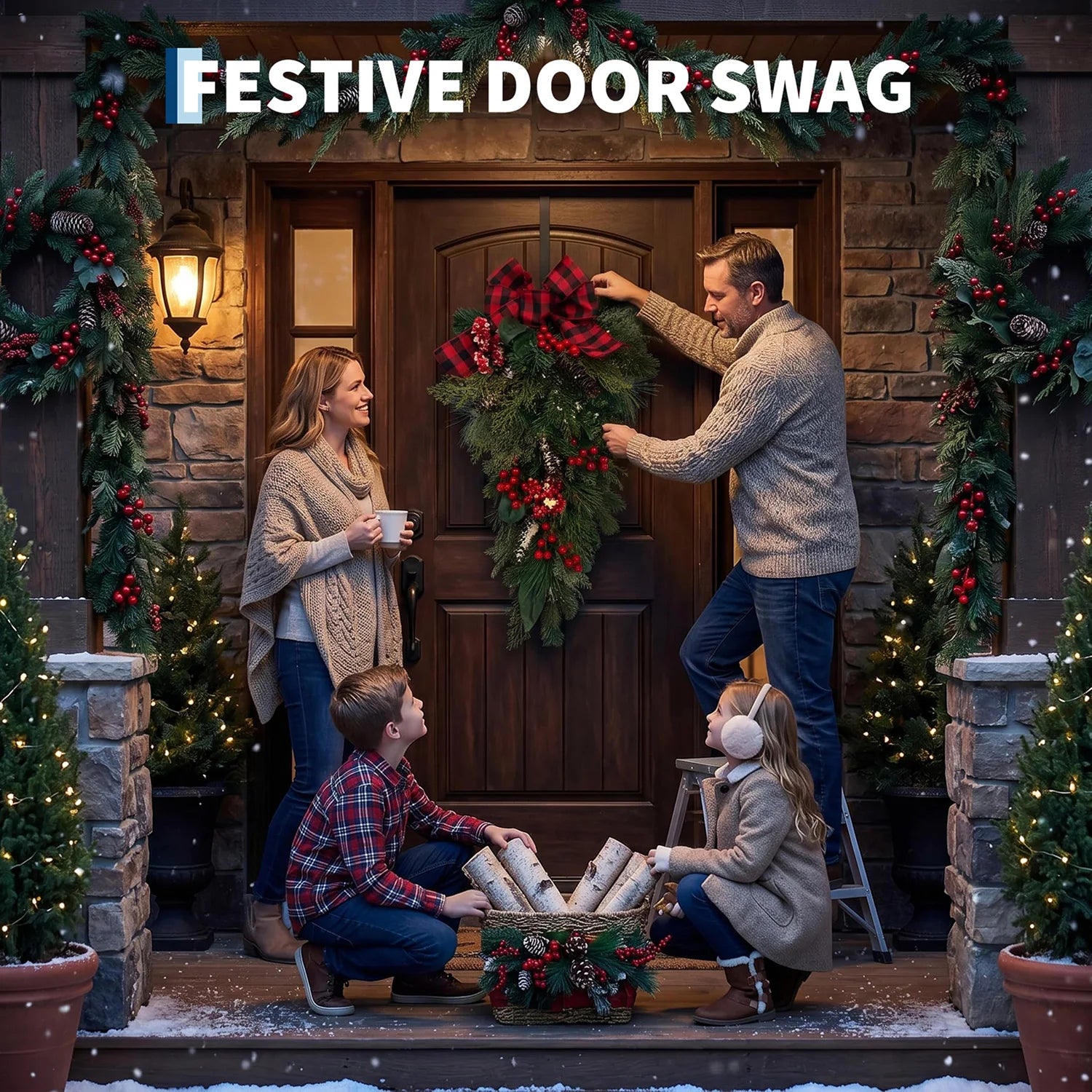 HiMISS 30 Inch Farmhouse Christmas Teardrop Swag — Rustic Plaid Bow & Evergreen Decor