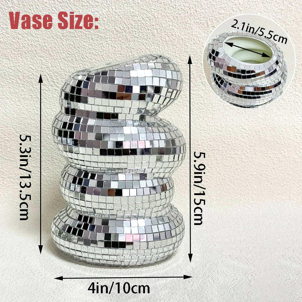 FngJiuyer Disco Ball Spiral Vase — Reflective Mirror Tile Flower Decor