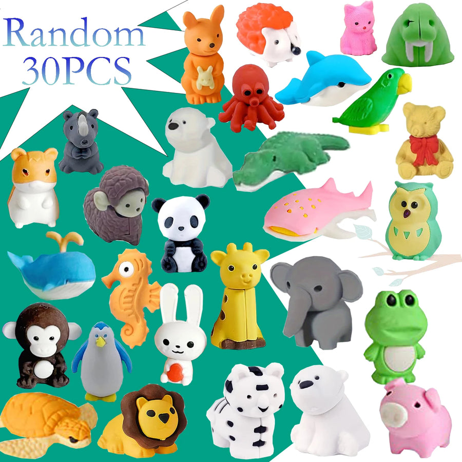 30 Piece Cute Animal Eraser Set — Colorful Mini Stationery for Students