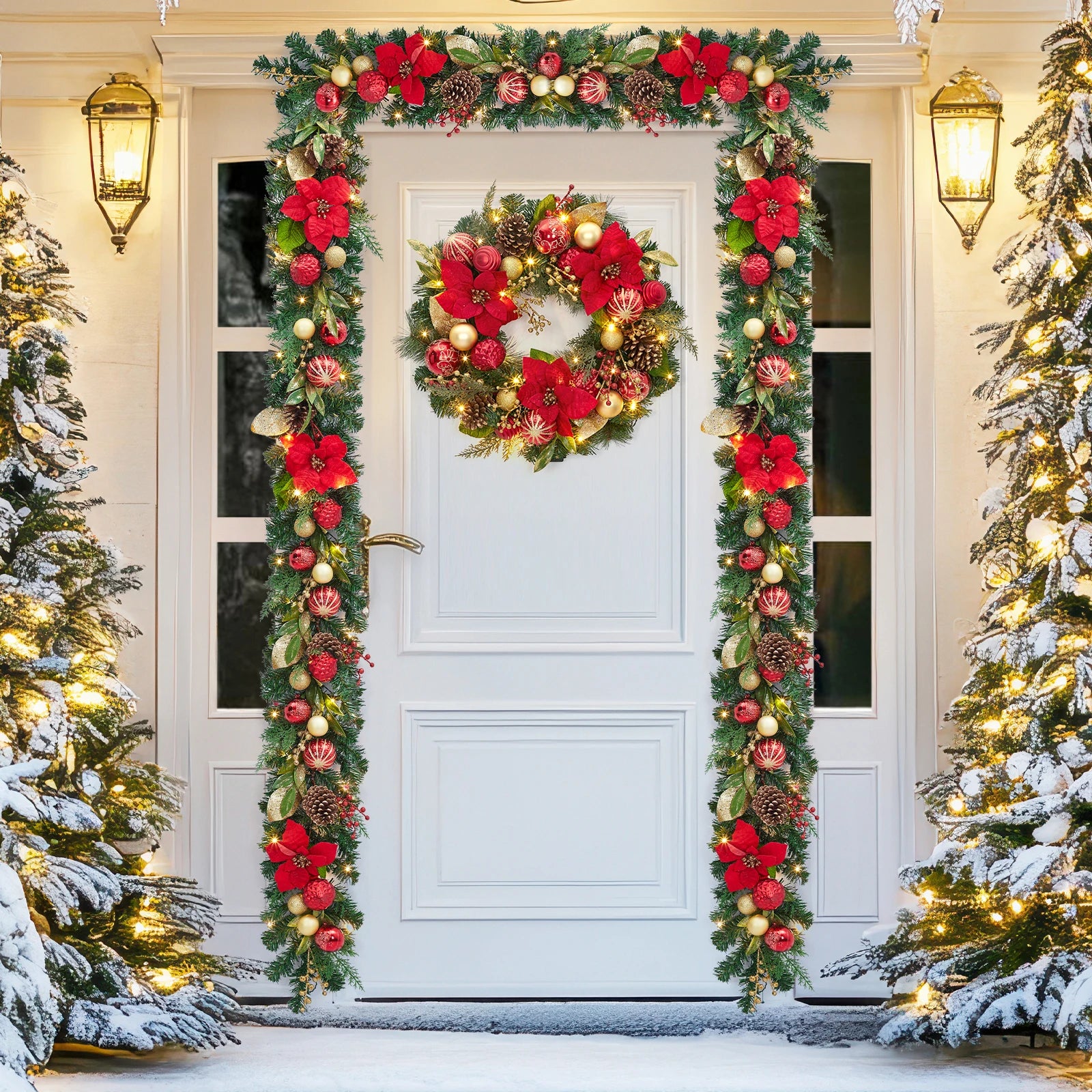 Pre-Lit Christmas Garland — 6ft Festive Decor with LED Lights & Gold Ornaments