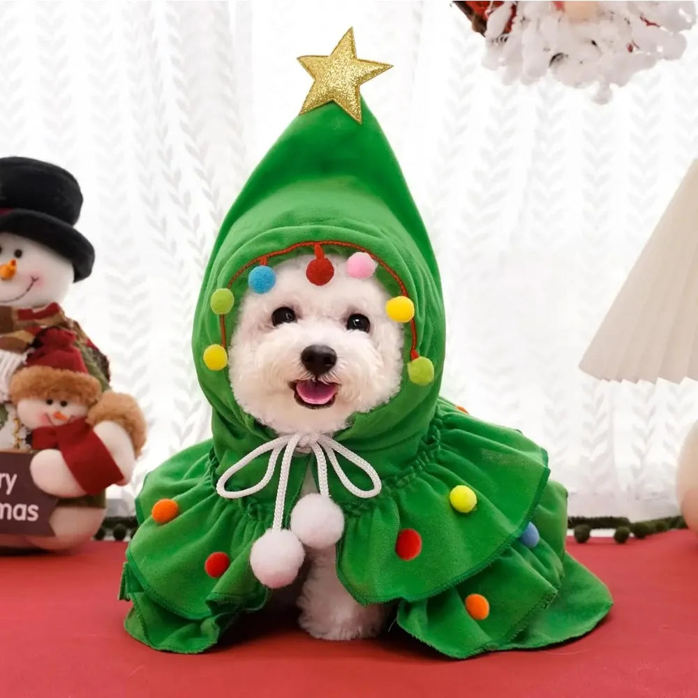 Christmas Tree Pet Cloak and Hat Set — Festive Green Holiday Costume