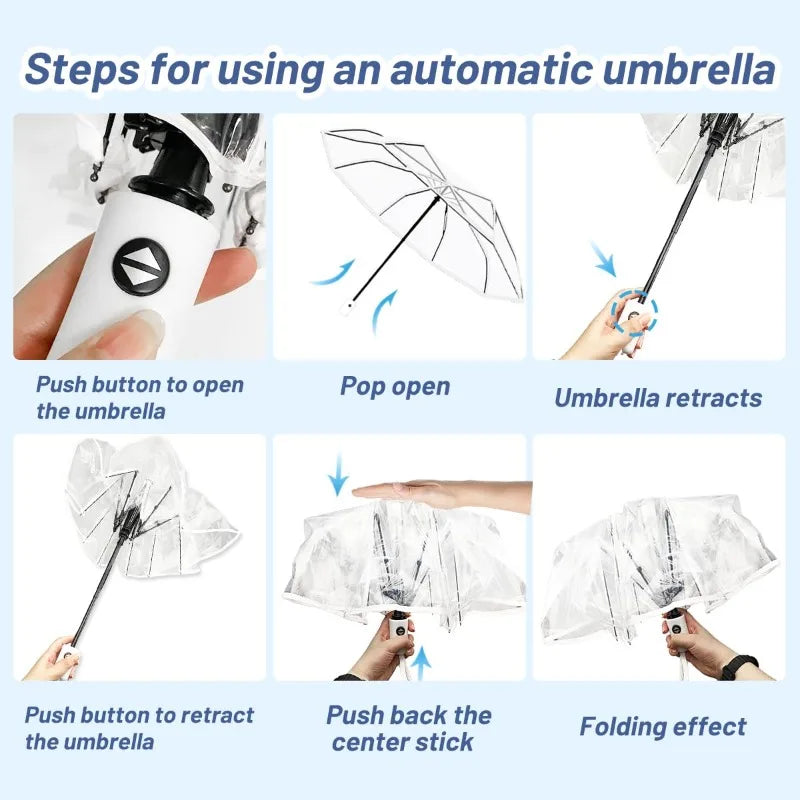Automatic Transparent Folding Umbrella — Windproof 3-Fold Clear Canopy