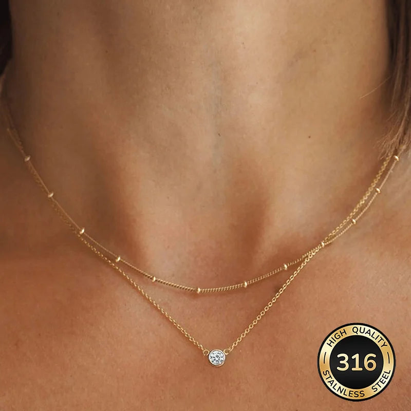 Double-Layer Stainless Steel Necklace — Elegant CZ Pendant with Beaded Detail