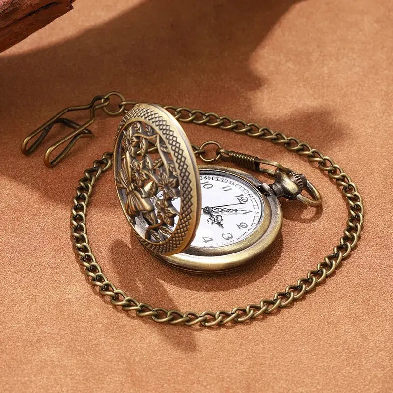 DEYROS Butterfly Carved Quartz Pocket Watch — Elegant Necklace Pendant with Fob Chain
