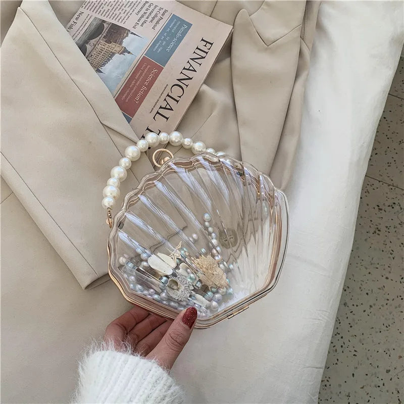 FENJING Transparent Shell Evening Bag — Pearl Chain Clutch & Crossbody Purse