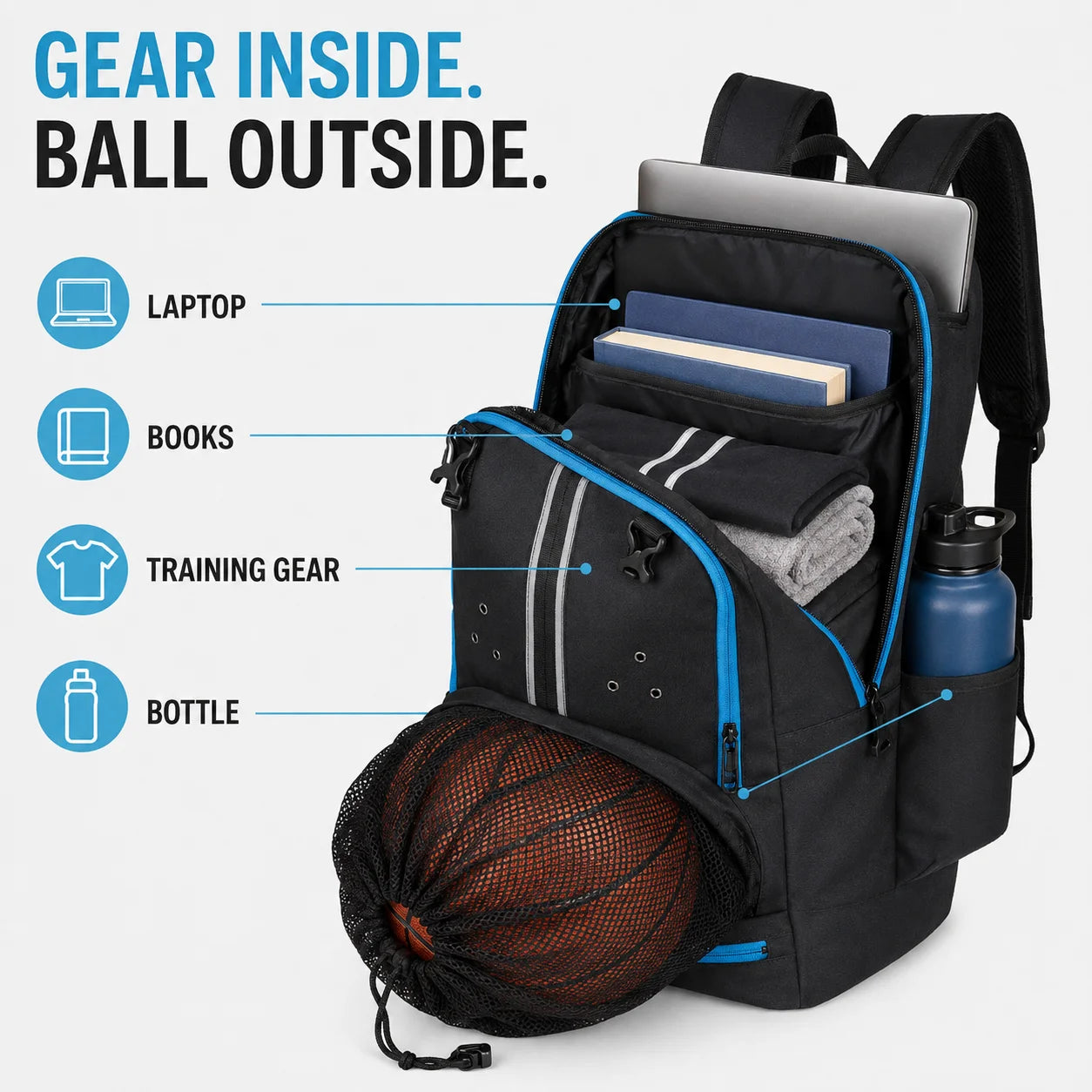 Basketball Backpack — Waterproof Sports Bag with Stowable Ball Holder