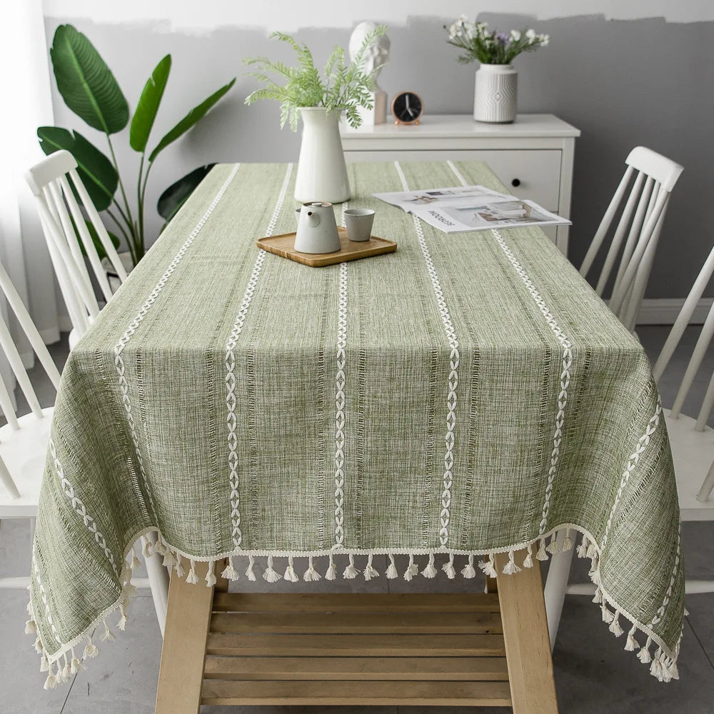Cotton Linen Stripe Tassel Tablecloth — Stain Resistant Dining Decor