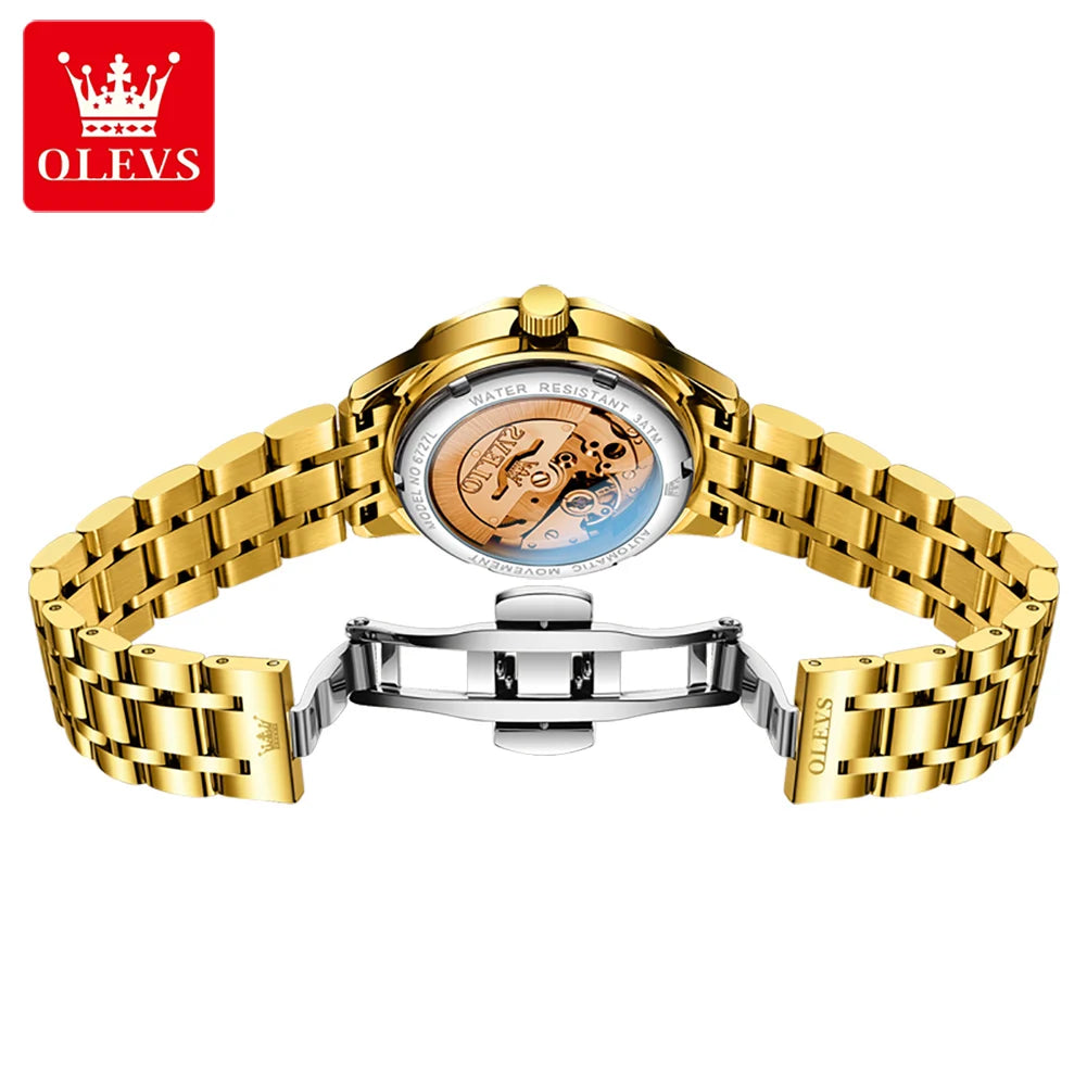 OLEVS Automatic Women's Watch — Luxury Stainless Steel & Dual Calendar
