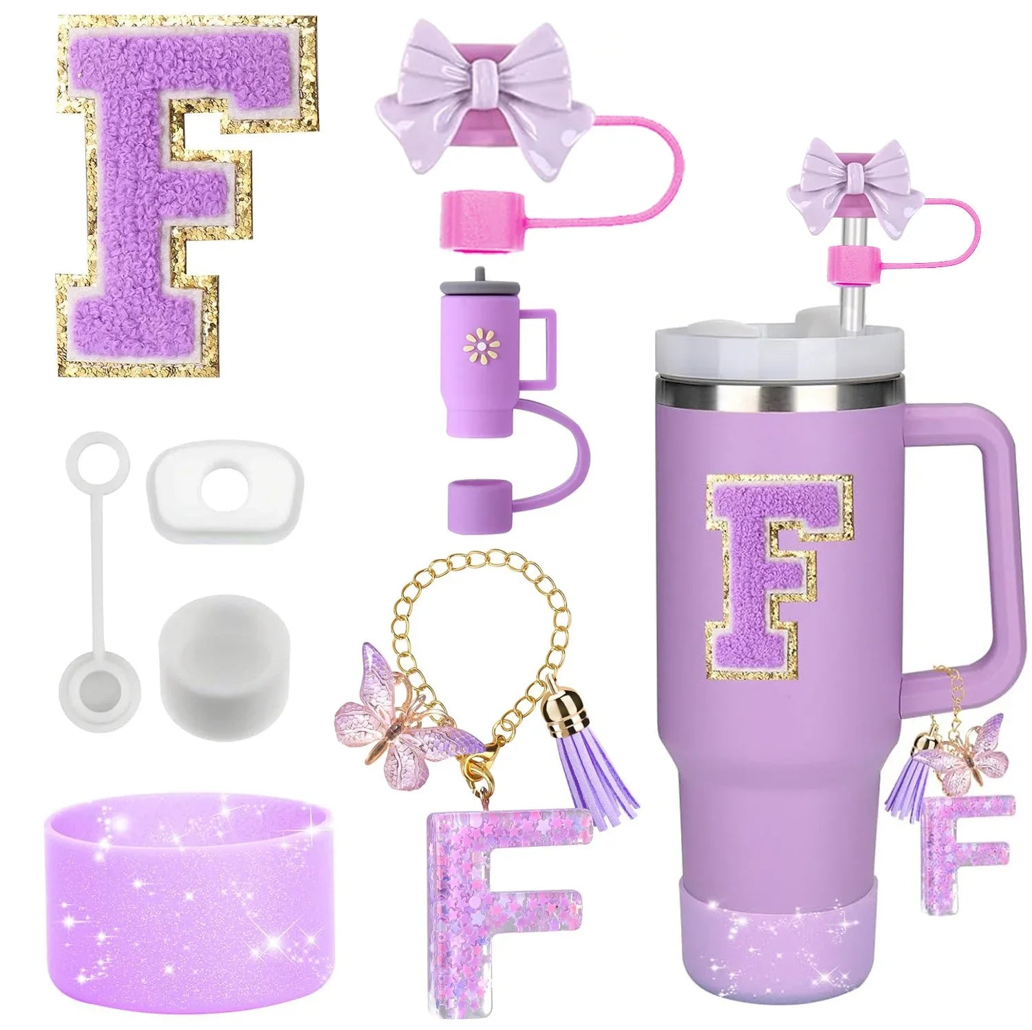 8-Piece Purple Tumbler Accessory Set — Silicone Straw Topper & Personalized Charms