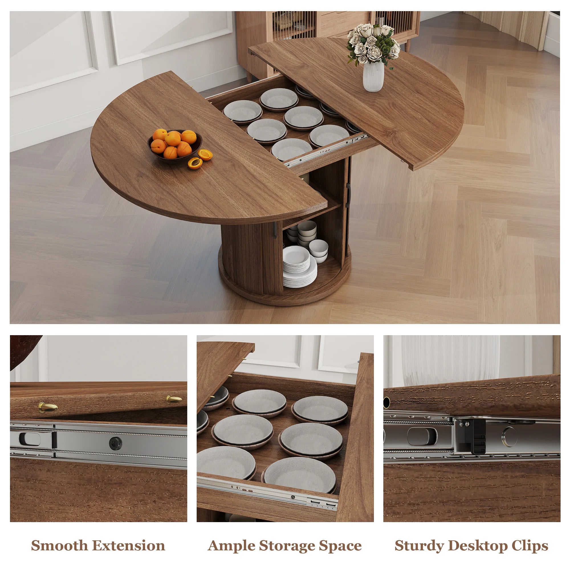 Modern Extendable Dining Table — Round to Oval Design with Storage