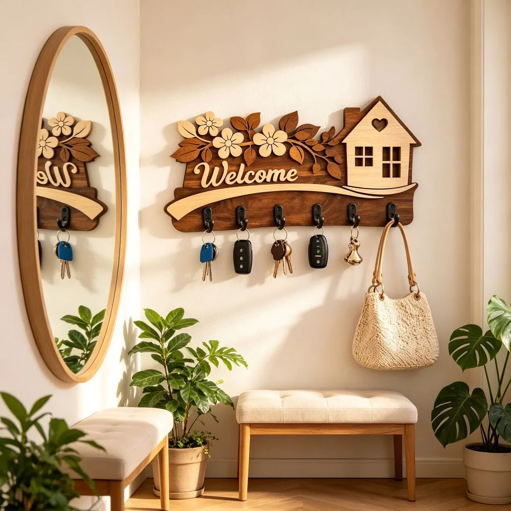 Farmhouse Wall-Mounted Key Holder — Multi-Tier Wood Organizer with Welcome Sign