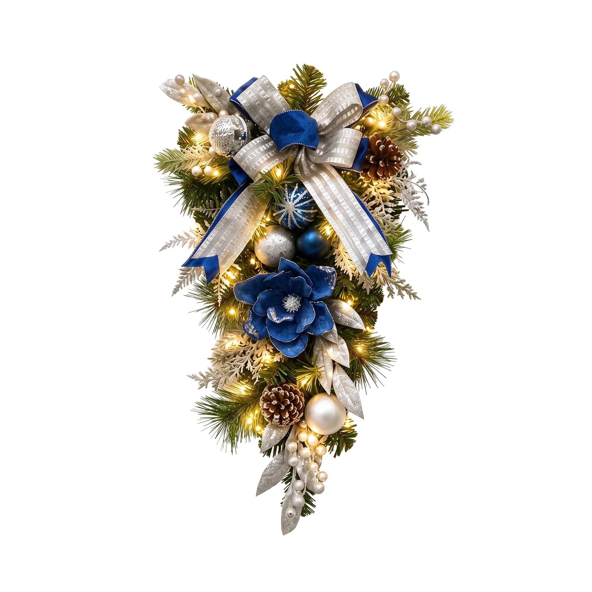 HiMISS Blue and Silver Christmas Teardrop Swag — Pre-Lit LED Door Decor
