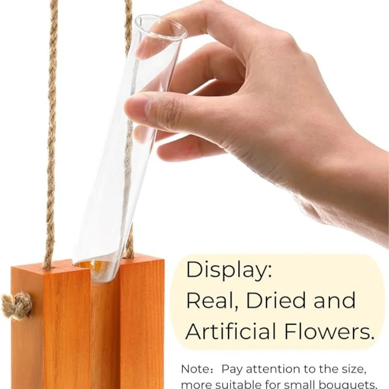 Wooden Hanging Plant Propagation Vase — Boho Wall Decor with Glass Tube