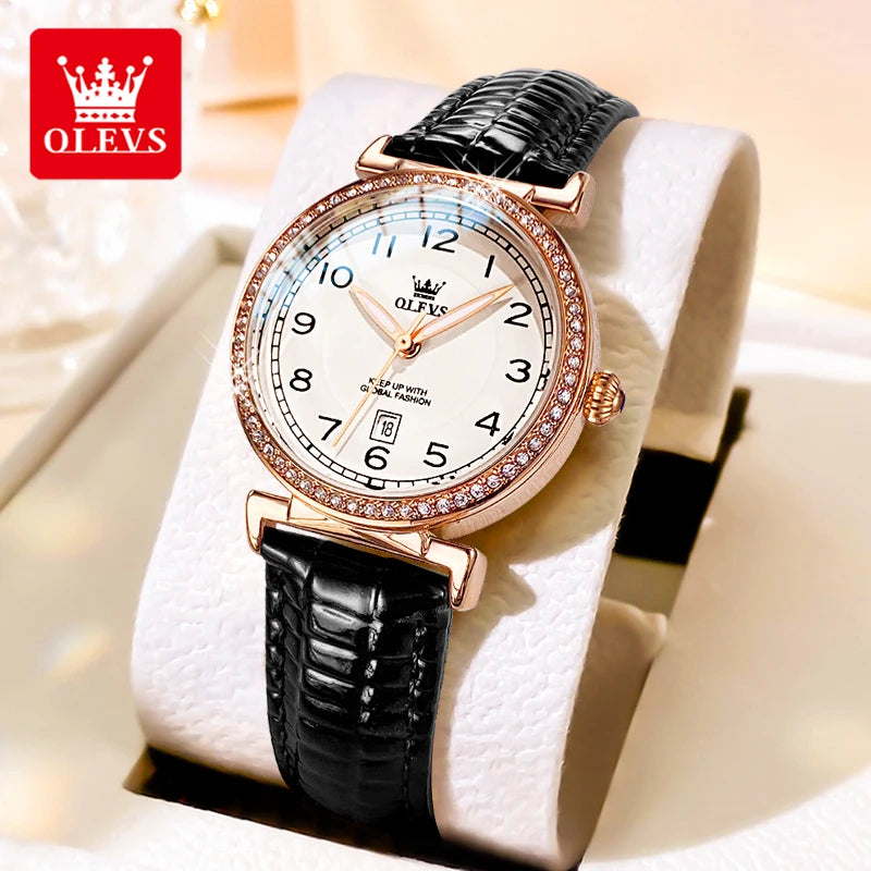 OLEVS 5590 Luxury Women's Watch — Diamond Bezel & Leather Strap