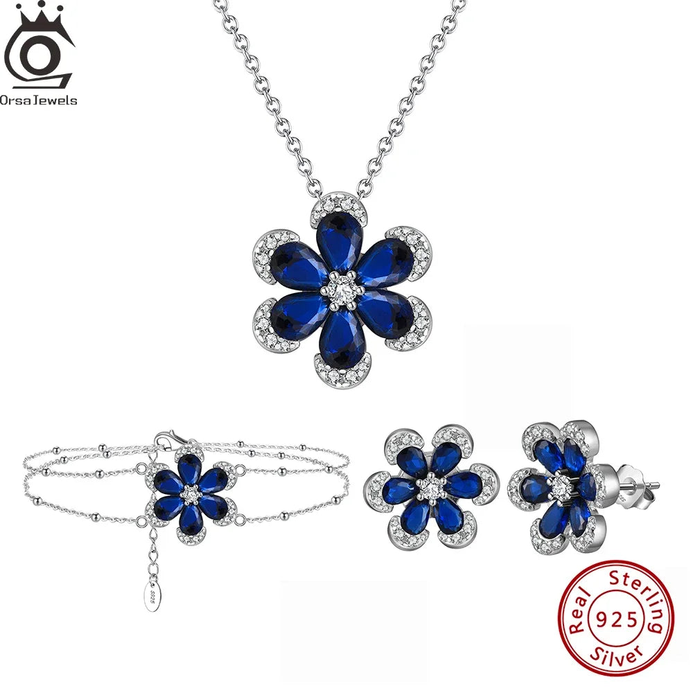ORSA JEWELS Blue Sapphire Flower Jewelry Set — 925 Sterling Silver & Cubic Zirconia