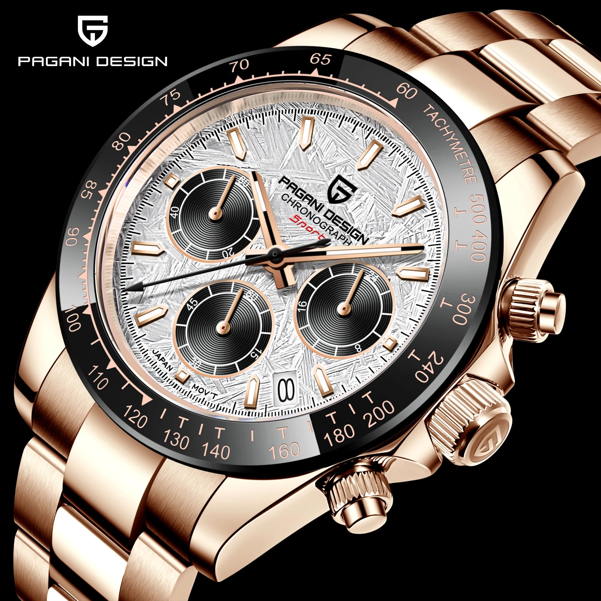 PAGANI DESIGN Luxury Chronograph Watch — Rose Gold Stainless Steel Sport Wristwatch