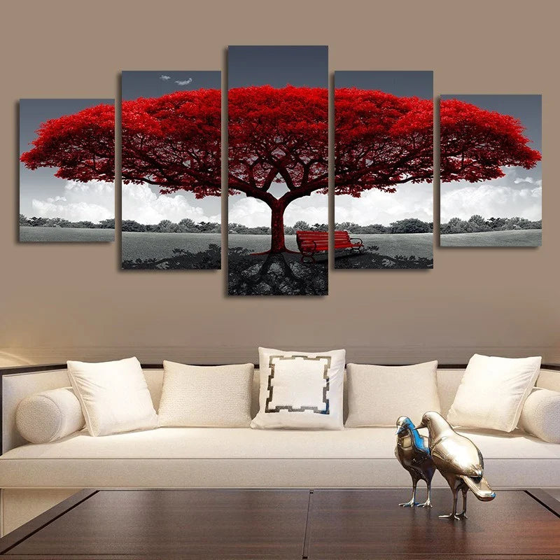Modern Lucky Tree Canvas Wall Art — 5-Piece Set of Unframed Posters
