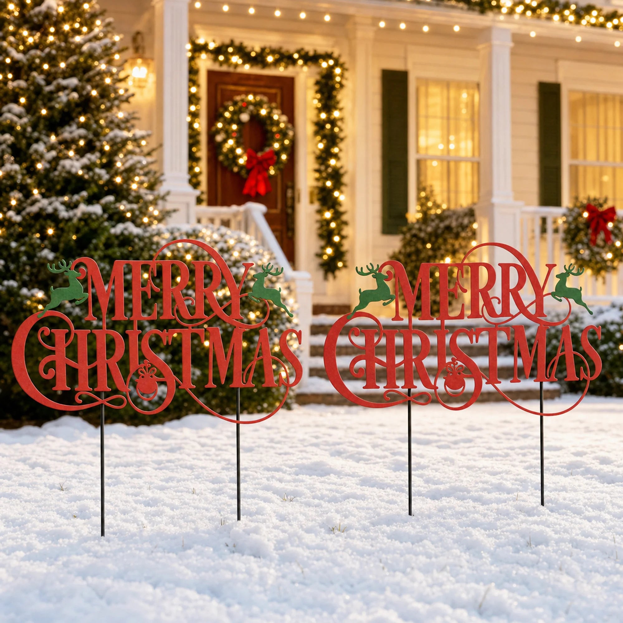 Merry Christmas Reindeer Yard Signs — Metal Garden Stakes for Outdoor Decor