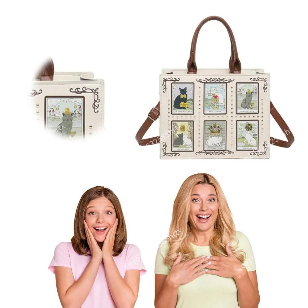 Cat Motif Top-Handle Handbag — Retro PU Leather Crossbody Bag
